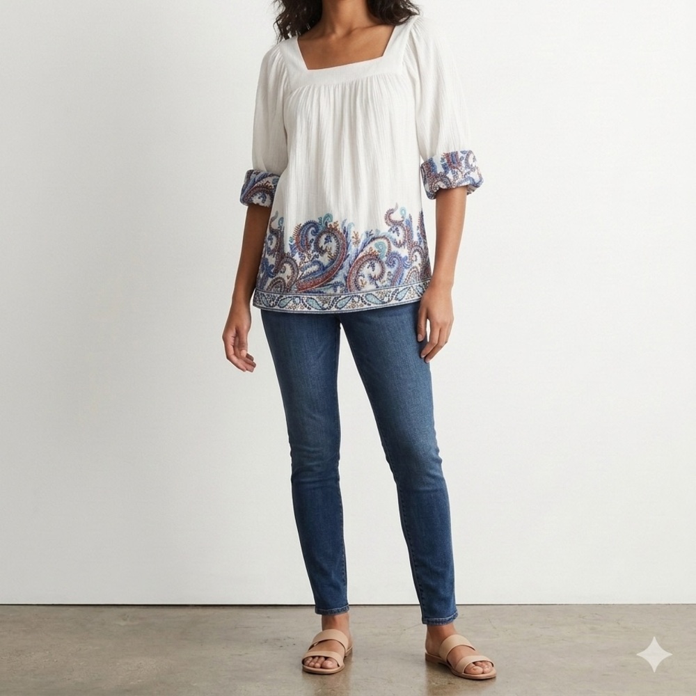 J. Jill White Tunic with Blue and Red Paisley Embroidery